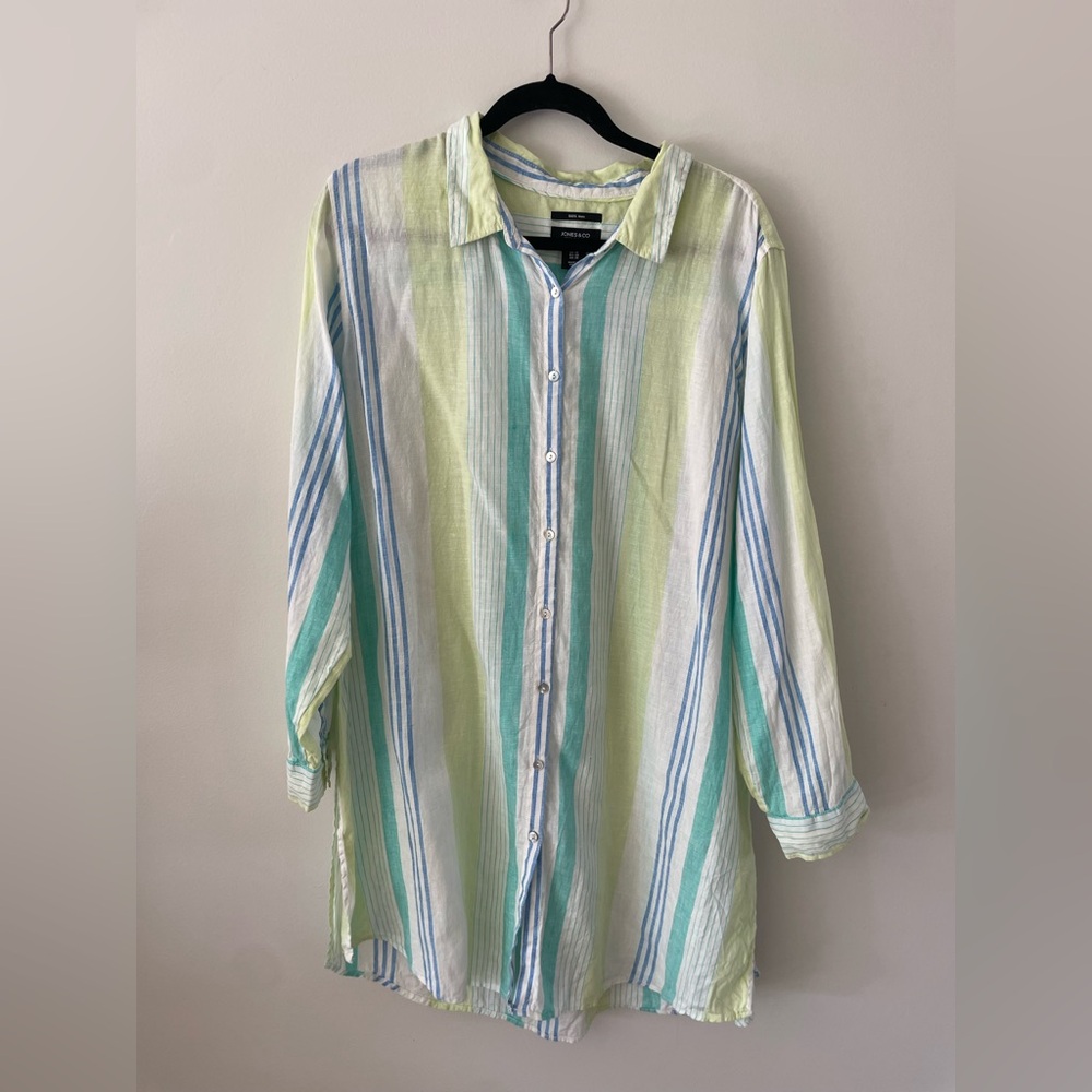 100% Linen Lime White Stripe Classic Coastal Grandma Resort Button Down Women 1X